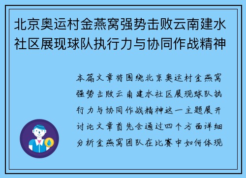 北京奥运村金燕窝强势击败云南建水社区展现球队执行力与协同作战精神