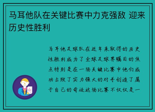 马耳他队在关键比赛中力克强敌 迎来历史性胜利