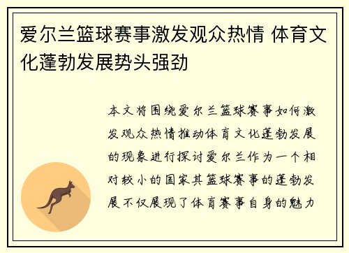 爱尔兰篮球赛事激发观众热情 体育文化蓬勃发展势头强劲