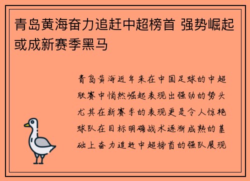 青岛黄海奋力追赶中超榜首 强势崛起或成新赛季黑马