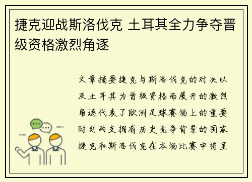 捷克迎战斯洛伐克 土耳其全力争夺晋级资格激烈角逐