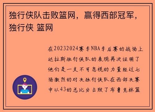 独行侠队击败篮网，赢得西部冠军，独行侠 篮网