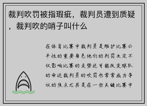 裁判吹罚被指瑕疵，裁判员遭到质疑，裁判吹的哨子叫什么