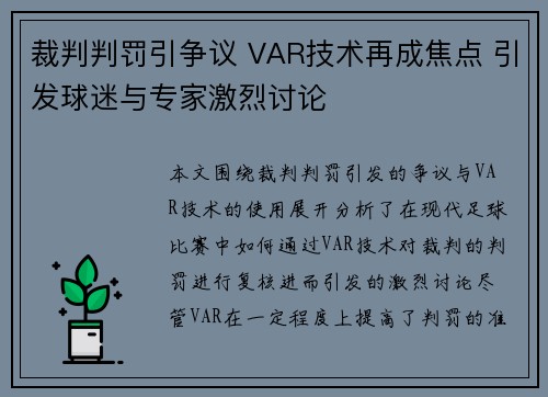 裁判判罚引争议 VAR技术再成焦点 引发球迷与专家激烈讨论