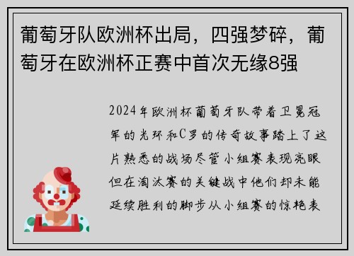 葡萄牙队欧洲杯出局，四强梦碎，葡萄牙在欧洲杯正赛中首次无缘8强